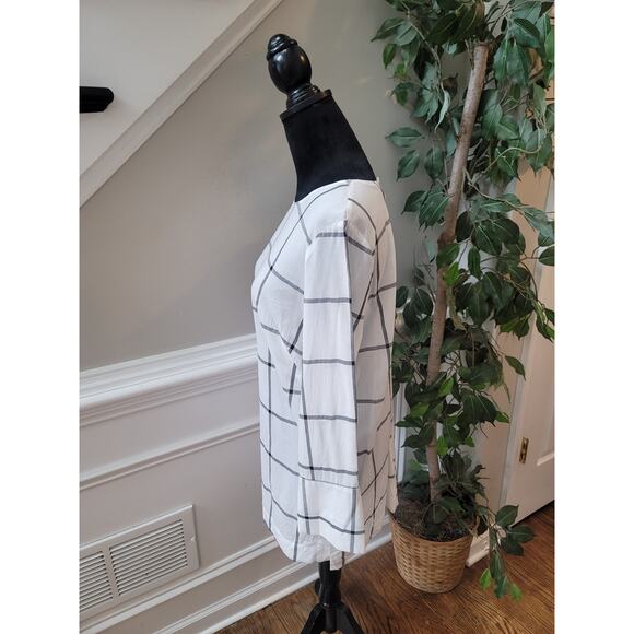 Liz Claiborne Blouse Women's Small White Black Windowpane Career Top Bell Sleeve - Picture 7 of 11